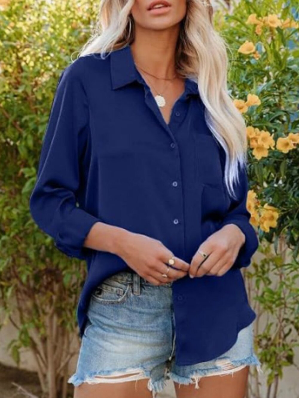 Pausus Button Down Shirts Satin V Neck Long Sleeve Casual Work Blouse Top